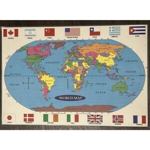 Rand McNally Laminated 1993 World Map Atlas Placemat 2 sided kids puzzle games